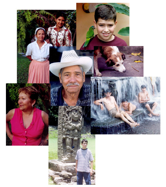 A collage of family snapshots showing members of the farm household and a dog