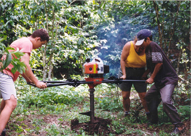 Three people working together with a motorized auger to dig planting holes in a clearing